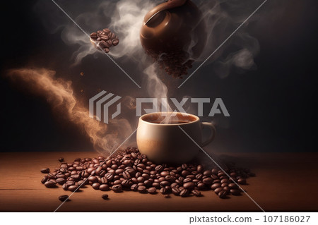 Cup of coffee with coffee beans on wooden table and dark background 107186027