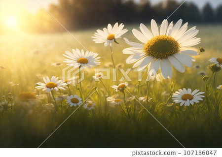 Beautiful daisies in the meadow at sunset 107186047
