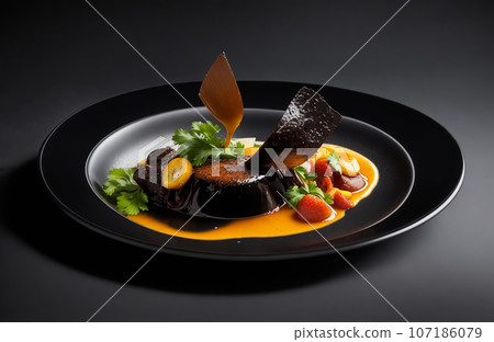 Piece of beef liver with carrot and parsley on black plate 107186079