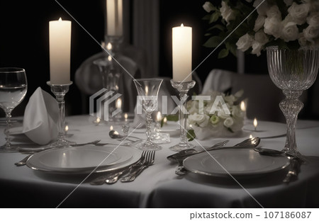 Elegant table setting with candles in dark room Elegant table setting with candles in dark room 107186087