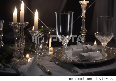 Elegant table setting with candles in dark room Elegant table setting with candles in dark room 107186090