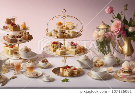 a lot of different cakes on a buffet table in a restaurant a lot of different cakes on a buffet table in a restaurant 107186091