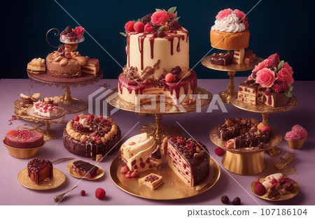 a lot of different cakes on a buffet table in a restaurant a lot of different cakes on a buffet table in a restaurant 107186104