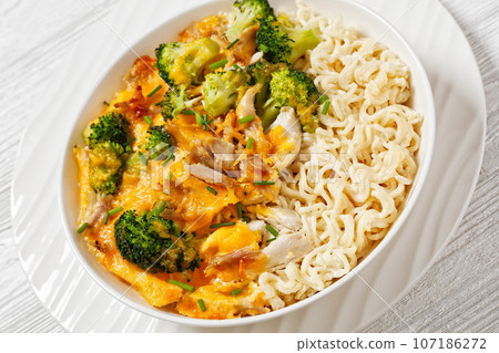 ramen noodle with chicken, broccoli and cheese 107186272