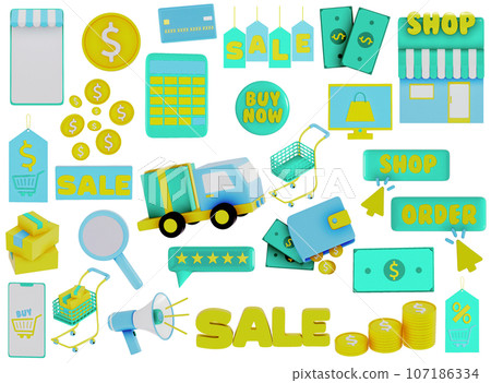 Online shop objects , Items , 3D rendering collection on a transparent background 107186334