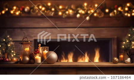 Table Top with Blurred Cosy Christmas Home Interior Background Table Top with Blurred Cosy Christmas Home Interior Background 107186464