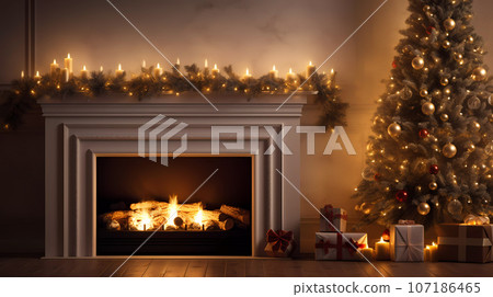 Cosy Christmas Home Interior Background with Fireplace Cosy Christmas Home Interior Background with Fireplace 107186465