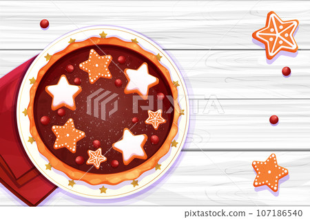 Christmas pie chocolate with slice decorated with gingerbread srats and cranberry top view on holiday plate on wooden table in cartoon style. 107186540