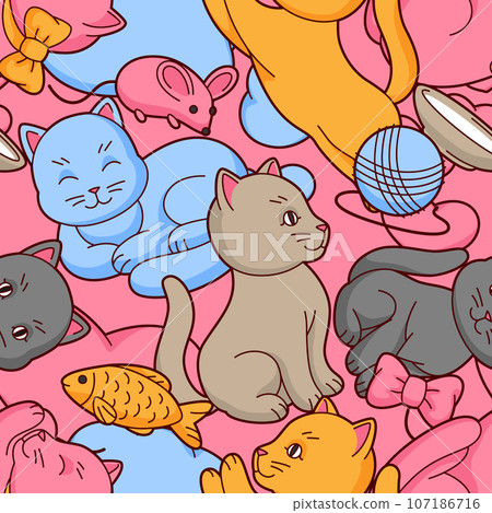 Pattern with cute kawaii cats. Fun animal background. 107186716