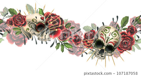 Human skulls with an ornament, red roses in a golden crown, branches. Hand drawn watercolor illustration for Halloween, day of the dead, Dia de los muertos. Seamless board on white background Human skulls with an ornament, red roses in a golden crown, branches. Hand drawn watercolor illustration for Halloween, day of the dead, Dia de los muertos. Seamless board on white background 107187058