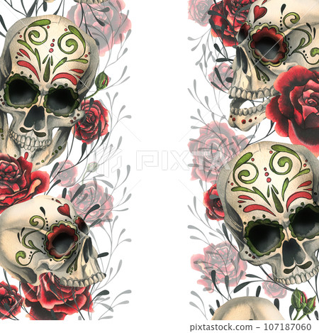Ornamented human skulls with red roses. Hand drawn watercolor illustration for day of the dead, halloween, Dia de los muertos. Borders, template, frame on a white background 107187060