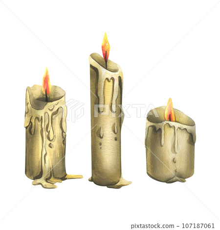 A simple candles with a burning flame, drops and smudges of wax. Hand drawn watercolor illustration for day of the dead, halloween, Dia de los muertos. Set of isolated objects on a white background 107187061