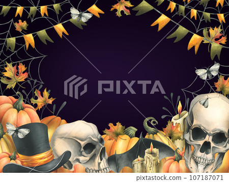 Human skulls with black witch hat, orange pumpkins, cobwebs, candles and autumn maple leaves. Hand drawn watercolor illustration for Halloween. Frame, template on a dark purple background. Human skulls with black witch hat, orange pumpkins, cobwebs, candles and autumn maple leaves. Hand drawn watercolor illustration for Halloween. Frame, template on a dark purple background. 107187071