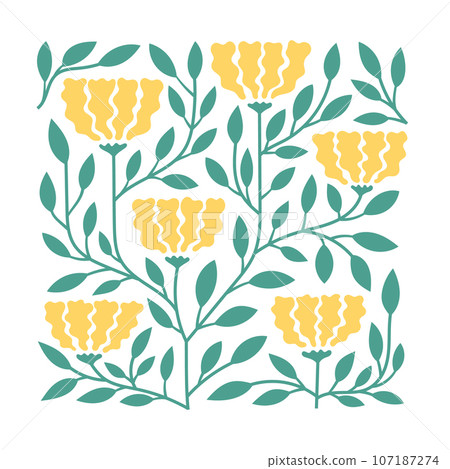 Cute modern vector pattern with yellow abstract flowers, foliage. Natural plant ornament wall art, card. 107187274