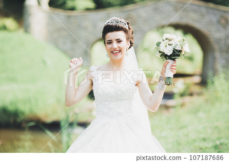 Beautiful luxury young bride in wedding dress posing in park Beautiful luxury young bride in wedding dress posing in park 107187686
