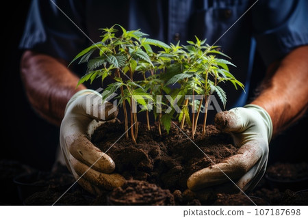 Human hands delicately hold small cannabis plants. This image captures the essence of responsible cultivation, as these plants are nurtured for both personal use and potential sale. Human hands delicately hold small cannabis plants. This image captures the essence of responsible cultivation, as these plants are nurtured for both personal use and potential sale. 107187698