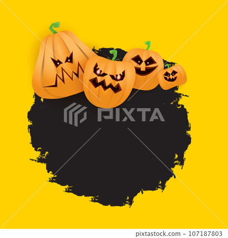 Halloween web black grunge Banner or poster with Halloween scary pumpkins isolated on orange background . Funky kids Halloween orange banner with space for greeting text or sale 107187803