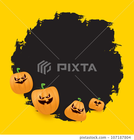 Halloween web black grunge Banner or poster with Halloween scary pumpkins isolated on orange background . Funky kids Halloween orange banner with space for greeting text or sale 107187804