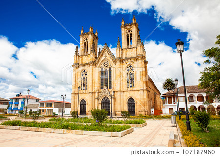 Historical Minor Basilica of Our Lady of the Snows at the central square of the small town of Firavitoba located in the region of Boyaca in Colombia 107187960