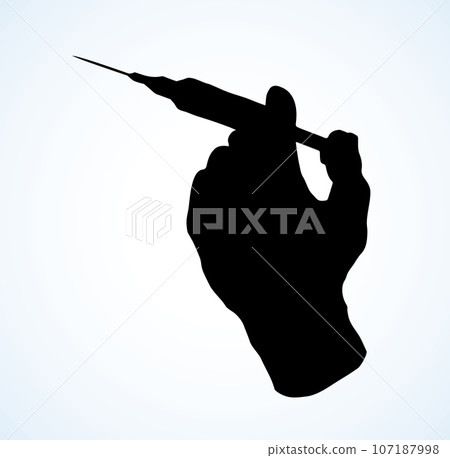 Syringe in hand. Vector drawing 107187998