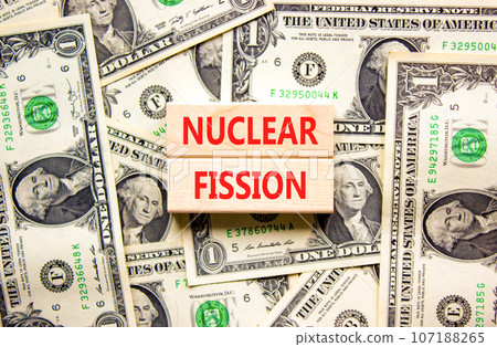 Nuclear fission symbol. Concept words Nuclear fission on beautiful wooden blocks. Dollar bills. Beautiful background from dollar bills. Business science nuclear fission concept. Copy space. Nuclear fission symbol. Concept words Nuclear fission on beautiful wooden blocks. Dollar bills. Beautiful background from dollar bills. Business science nuclear fission concept. Copy space. 107188265
