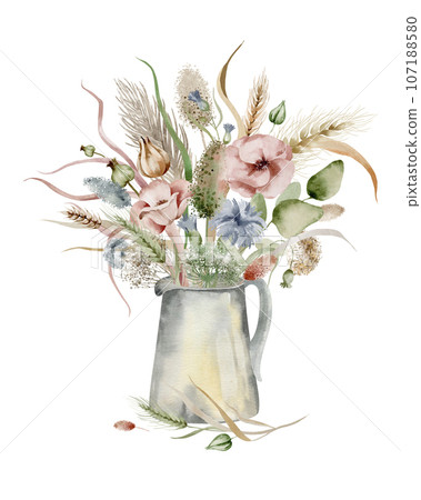 Watercolor illustration of dried flowers standing in a jug, in warm autumn colors on a white background. Watercolor illustration of dried flowers standing in a jug, in warm autumn colors on a white background. 107188580