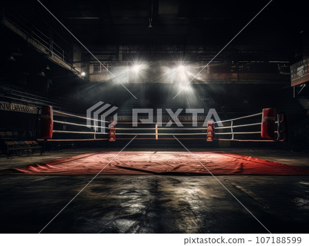 Epic empty boxing ring in the spotlight on the fight night AI 107188599