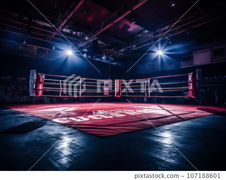 Epic empty boxing ring in the spotlight on the fight night AI 107188601
