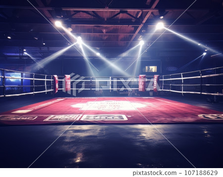Epic empty boxing ring in the spotlight on the fight night AI 107188629