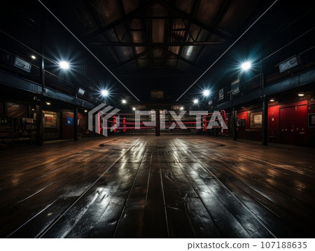 Epic empty boxing ring in the spotlight on the fight night AI 107188635