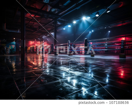 Epic empty boxing ring in the spotlight on the fight night AI Epic empty boxing ring in the spotlight on the fight night AI 107188636