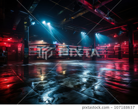 Epic empty boxing ring in the spotlight on the fight night AI 107188637