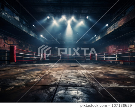 Epic empty boxing ring in the spotlight on the fight night AI 107188639