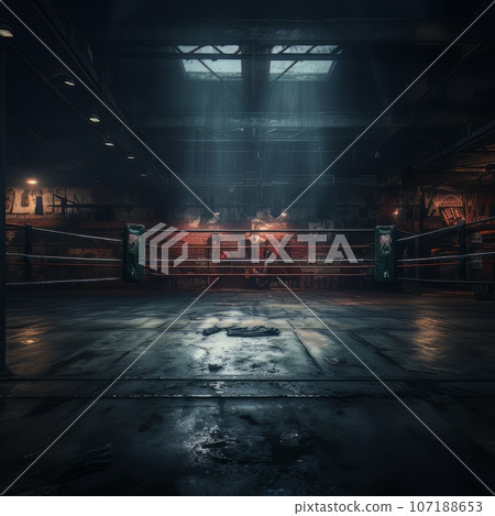 Epic empty boxing ring in the spotlight on the fight night AI 107188653