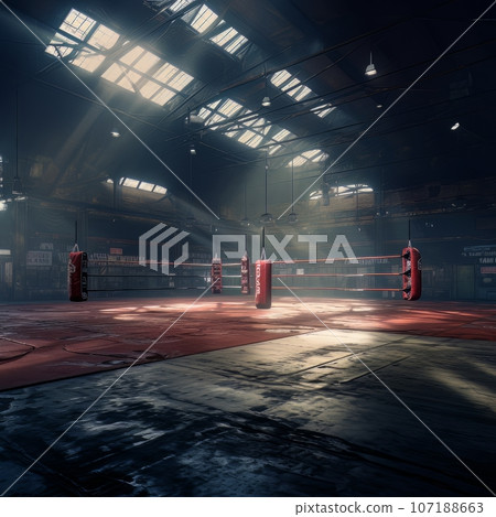 Epic empty boxing ring in the spotlight on the fight night AI 107188663