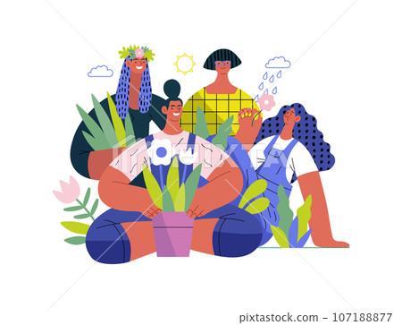Greenery, ecology -modern flat vector concept illustration of people surrounded by plants and flowers. Metaphor of environmental sustainability and protection, closeness to nature Greenery, ecology -modern flat vector concept illustration of people surrounded by plants and flowers. Metaphor of environmental sustainability and protection, closeness to nature 107188877