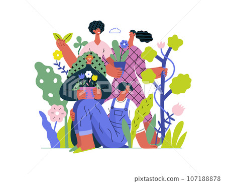 Greenery, ecology -modern flat vector concept illustration of people surrounded by plants and flowers. Metaphor of environmental sustainability and protection, closeness to nature Greenery, ecology -modern flat vector concept illustration of people surrounded by plants and flowers. Metaphor of environmental sustainability and protection, closeness to nature 107188878