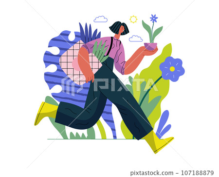 Greenery, ecology -modern flat vector concept illustration of a woman running with a eco bag and a flower in the pot. Metaphor of environmental sustainability and protection, closeness to nature 107188879