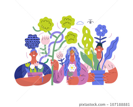 Greenery, ecology -modern flat vector concept illustration of people surrounded by plants and flowers. Metaphor of environmental sustainability and protection, closeness to nature Greenery, ecology -modern flat vector concept illustration of people surrounded by plants and flowers. Metaphor of environmental sustainability and protection, closeness to nature 107188881