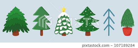 Different styles Christmas tree or pine, winter holidays design elements, vector Different styles Christmas tree or pine, winter holidays design elements, vector 107189284