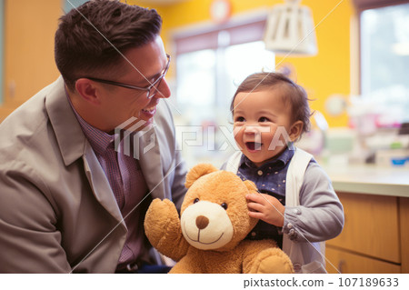 A pediatrician interacting with a child during a routine checkup, with a focus on assessing growth and developmental milestones while monitoring for disease symptoms. Generative AI 107189633