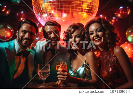 A group of friends enjoying cocktails and laughter at the bar inside discoteque, with disco ball reflections and neon lights creating a lively and retro ambiance. Generative AI A group of friends enjoying cocktails and laughter at the bar inside discoteque, with disco ball reflections and neon lights creating a lively and retro ambiance. Generative AI 107189634