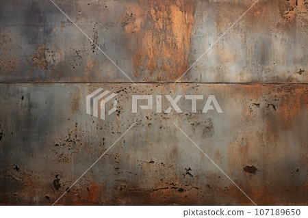 Weathered and textured metal background, highlighting the raw and industrial aspect of metal surfaces. Generative AI 107189650