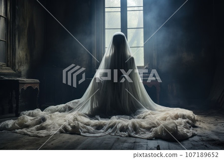 A ghostly apparition floating in a dimly lit, abandoned mansion, with tattered curtains and cobwebs, evoking a sense of haunting and suspense. Generative AI 107189652