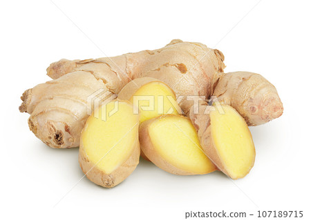 Fresh Ginger root and slices isolated on white background 107189715