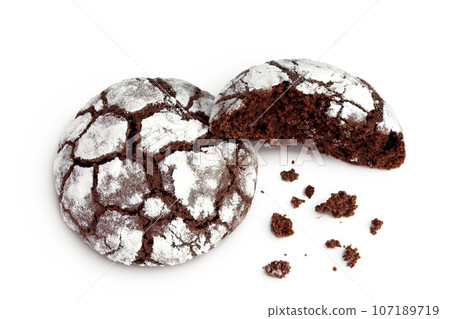 Chocolate brownie cookie isolated on white background. Top view. Flat lay 107189719
