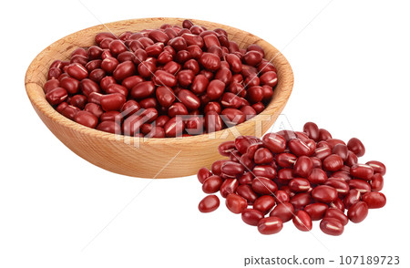 Red adzuki beans in wooden bowl isolated on white background Red adzuki beans in wooden bowl isolated on white background 107189723