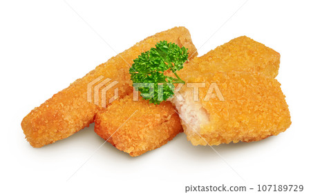 Fish finger or stick isolated on white background with full depth of field 107189729