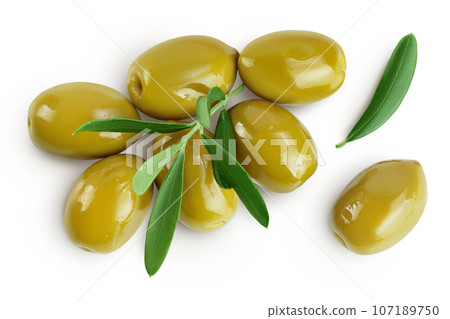 Green olives with leaves isolated on a white background with full depth of field. Top view. Flat lay 107189750