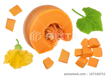 Fresh orange pumpkin isolated on white background with clipping path and full depth of field. Top view. Flat lay 107189752